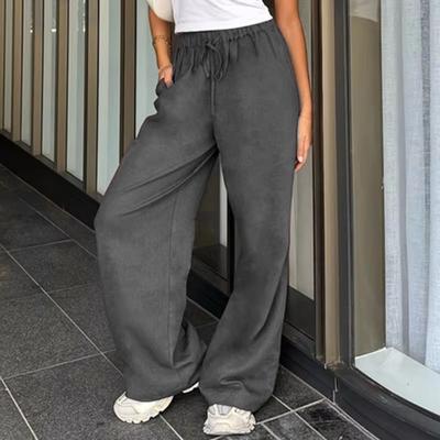 Women Harem Pants Elastic Waist Adjustable Drawstring Wide Leg Trousers with Pockets Solid Color Casual Lounge Pants
