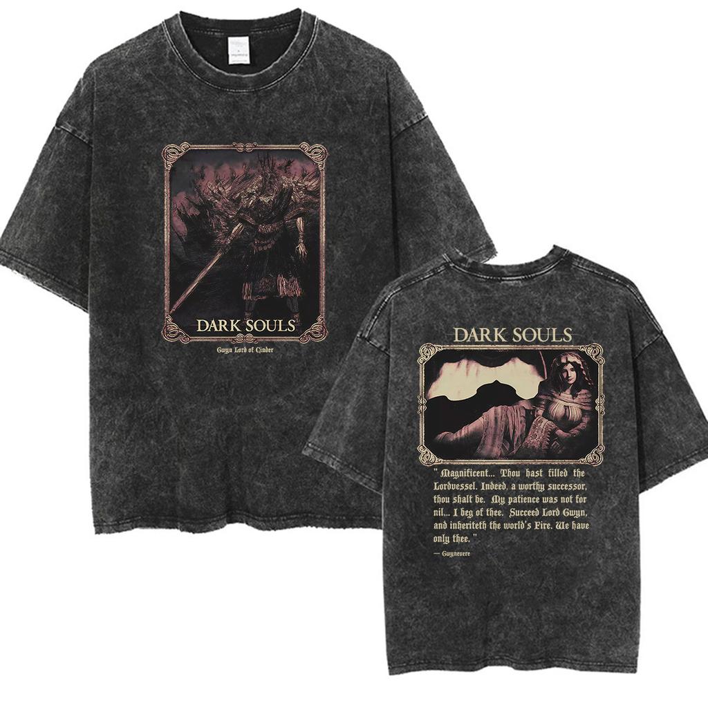 Vintage Washed Dark Souls 3 Hot Game Graphic T Shirt Mens Women Classic Player Fashion Cotton Short Sleeve Tshirts Streetwear