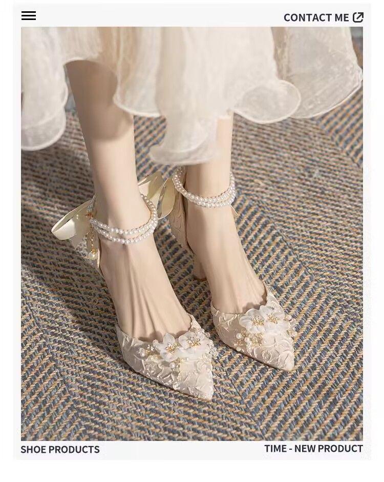 Franska älvstils pärlrem högklackar - Eleganta prinsessbröllopsskor för kvinnor