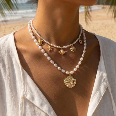 Bohemia Multilayer Imitation Pearl Beaded Necklace for Women Exquisite Starfish Conch Shell Choker Neck Chain Vacation Jewelry
