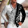 Music Piano Print Long Sleeve Shirt, Stylish Casual Men's Top