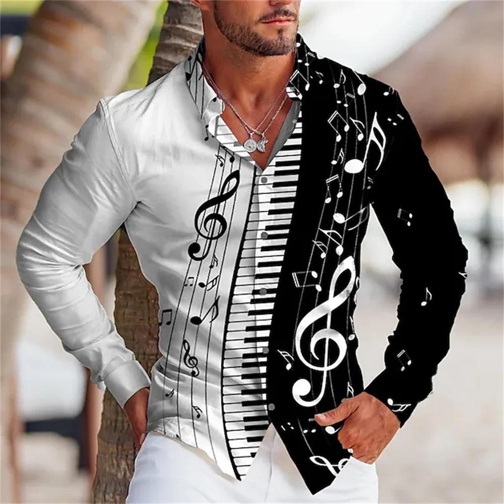 Music Piano Print Long Sleeve Shirt, Stylish Casual Men's Top