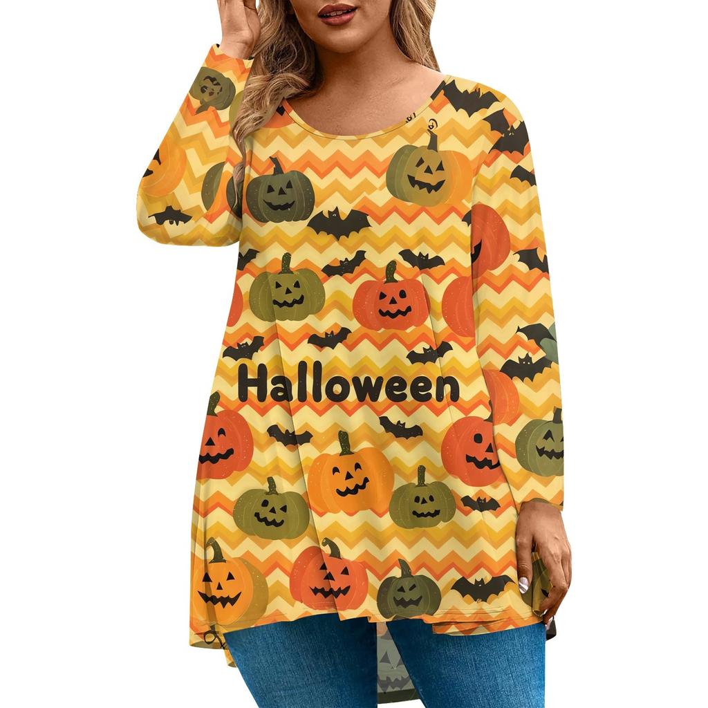 Women's Fashion Large Size Round Neck Long Sleeve Casual Halloween Print Loose Pullover Top