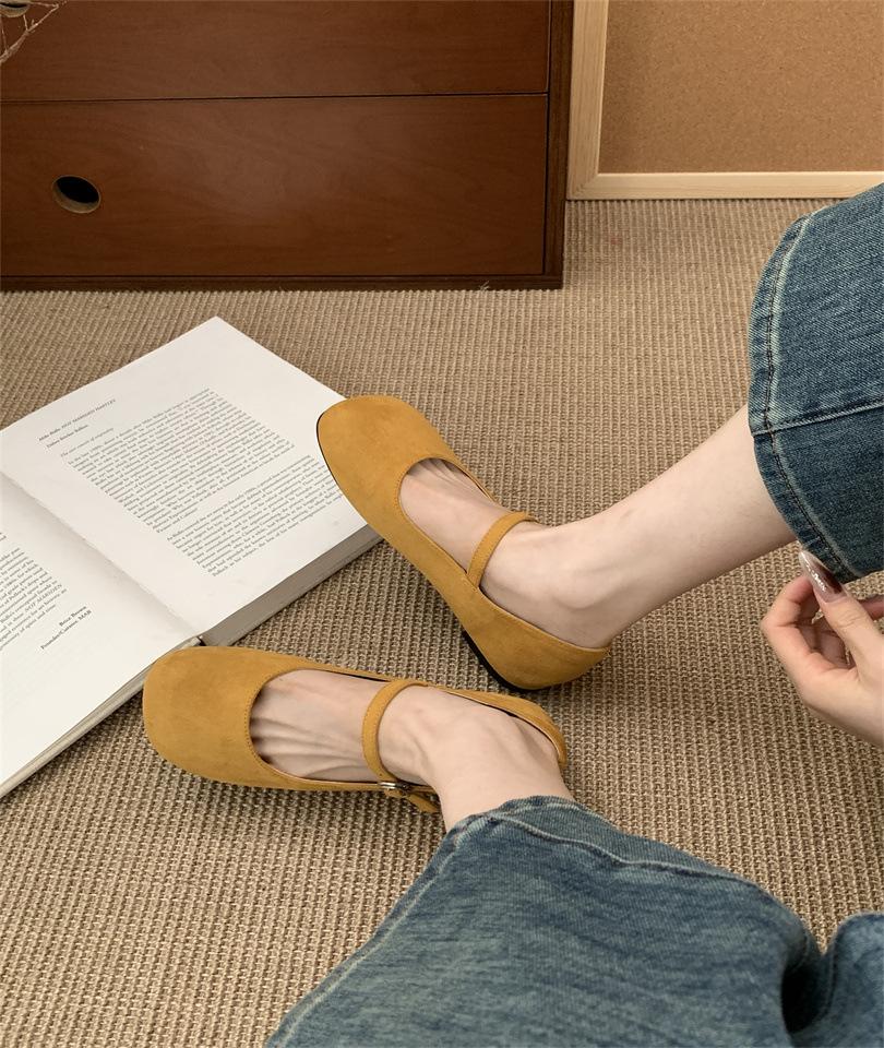 2025 Spring and Summer New Fairy Ballet Shoes Square Head Shallow Mouth Late Evening Wind One-word Buckle Mary Jane Shoes Suede Ladyshoes