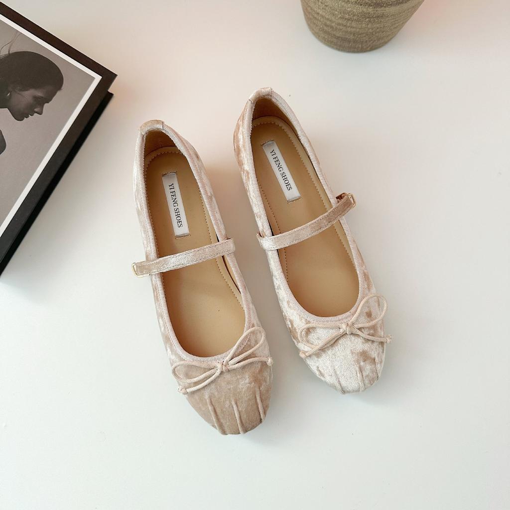 Inner Heightening Women's Shoes French Suede Bow Pig Nose Ballet Single Shoes Women's One-word Buckle Strap Flat Mary Jane Shoes