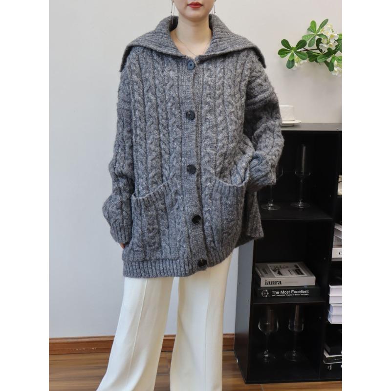 Autumn and winter new medium and long lapel loose twist knitted cardigan lazy wind sweater jacket women