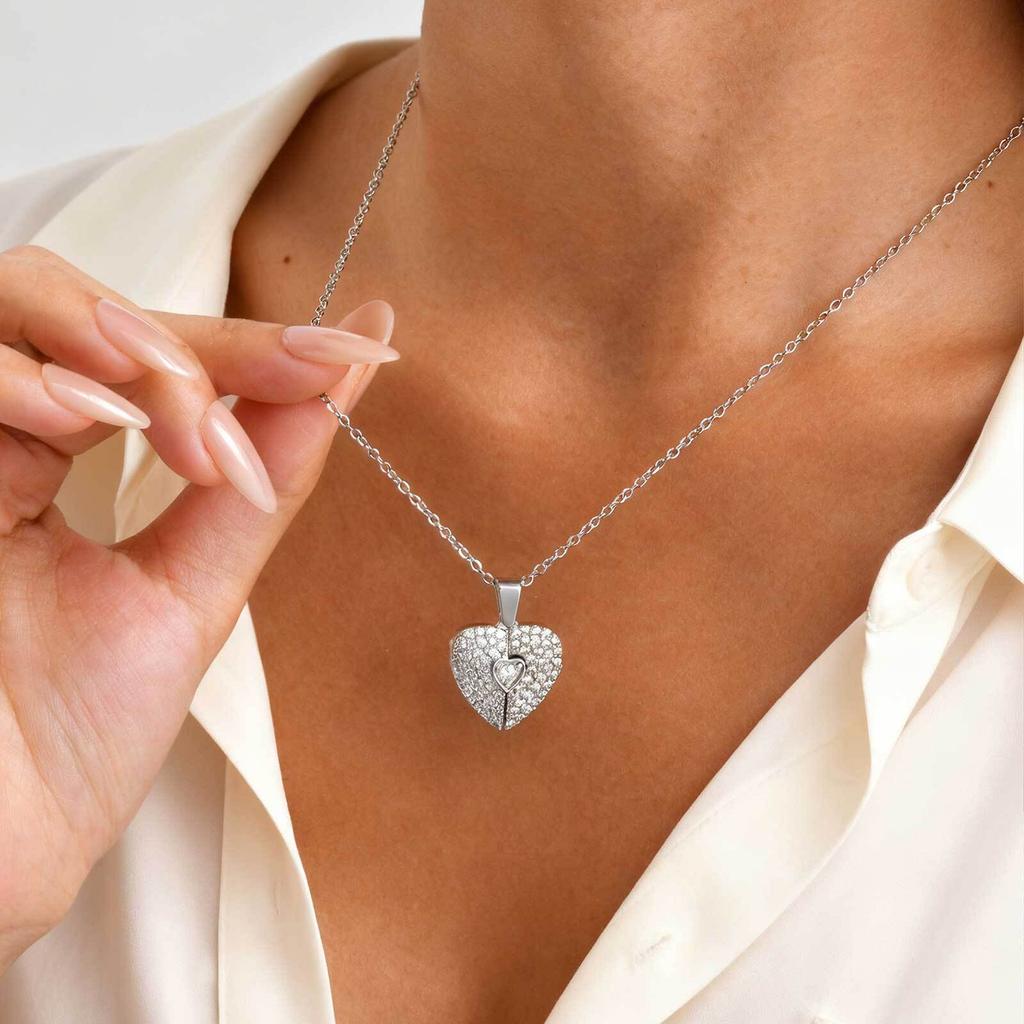 Vnox Luxury Zircon Heart Custom Photo Necklaces For Women Girls, Gold Plated Can Open Wings Locket, Memorial Jewelry Gift