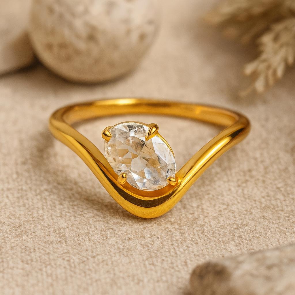 

Oval Cut Engagement Ring, Wave Design Yellow Gold Plated Band, Modern Bridal Jewelry, Promise Ring for Her Q