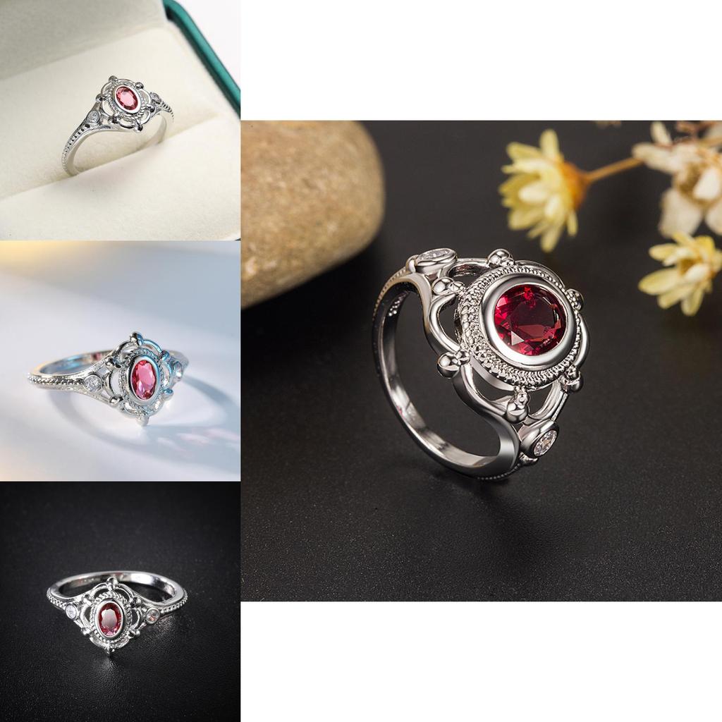 Exquisite Red Ruby Embedded Thai Silver Black Engagement Ring For Women Stylish Sizes 6 To 10