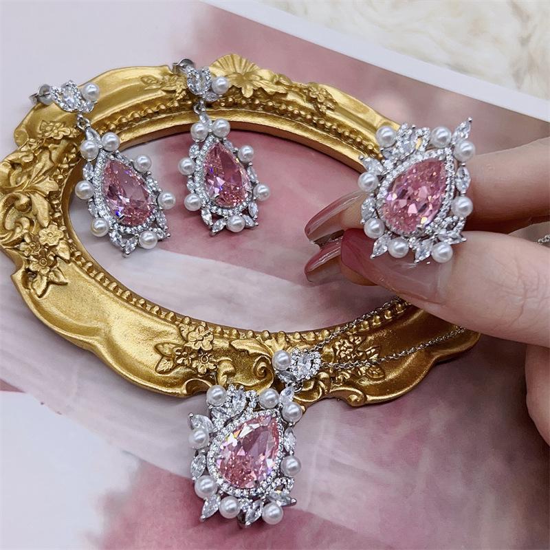 Elegant Pink Diamond & Pearl Three-Piece Jewelry Set: Necklace, Earrings, Ring - High-End, Sweet, Trendy Style