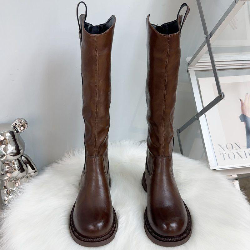 Lange Stiefel Damen Flacher Boden Höhenverstellbar Herbst Neu Britischer Stil Hoher Schaft Dünn Reißverschluss Hinten Ritterstiefel