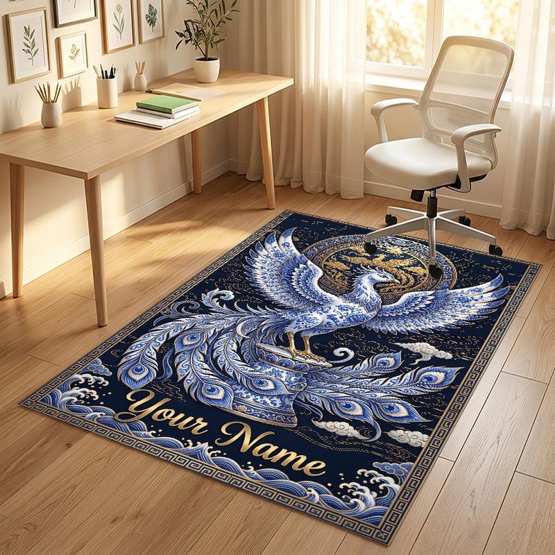 Dragon Phoenix Theme Crystal Velvet Rug Personalized Custom Name Text Soft Floor Mat Home Decor