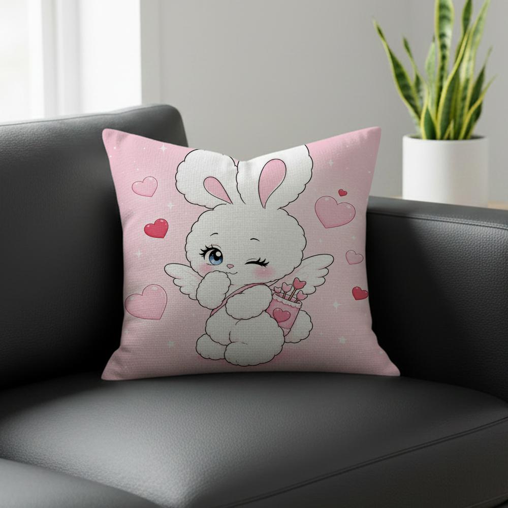 Character Pink Rabbit Cushion Cover Natural Linen Pillowcase Set AllinOne Decor for Sofa Bedroom Chair