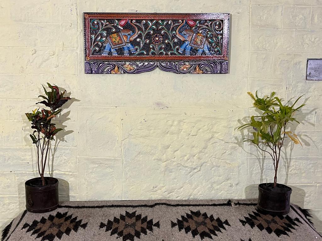 Hand-Painted Carved Wood Elephant Panel: Indian Wall Art