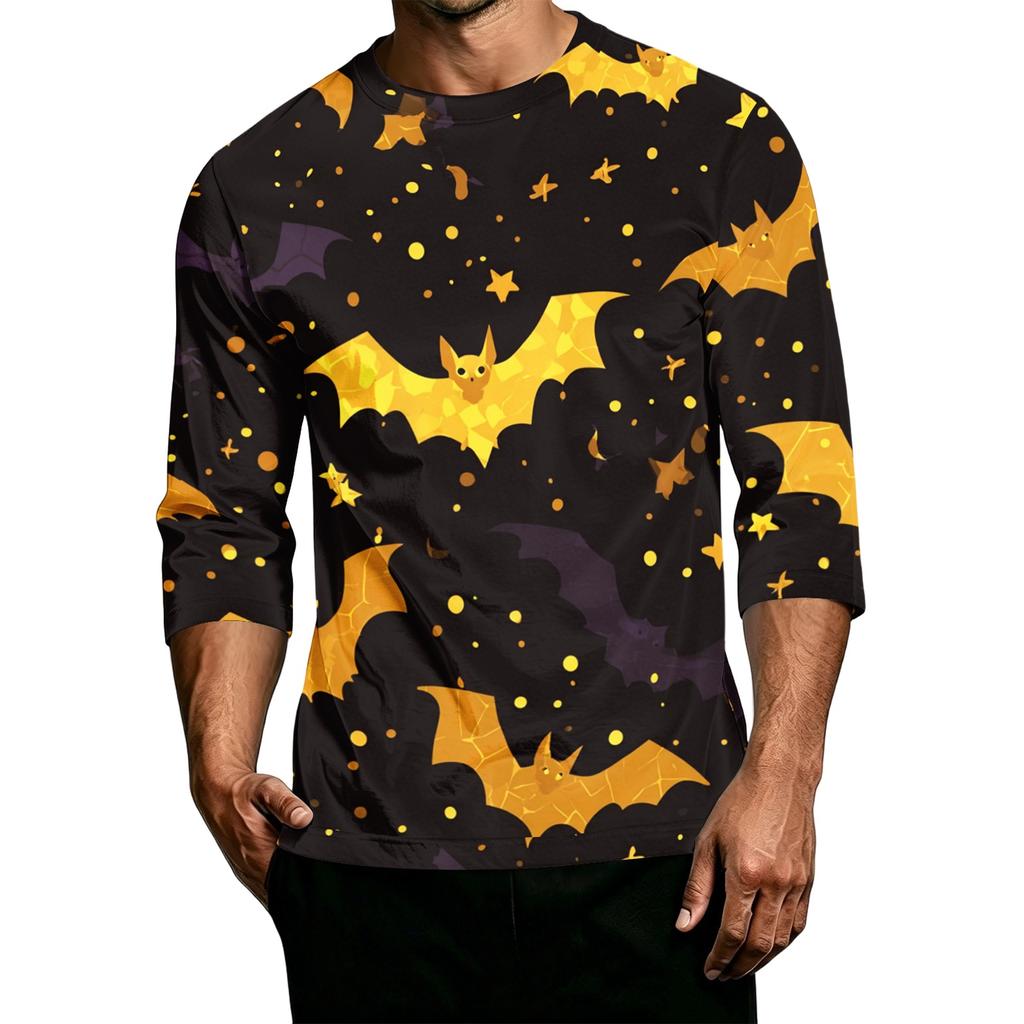 Men's Casual Halloween Printed Crew Neck Three Quarter Sleeve T Shirt with Pumpkin Graphic Loose Fit Comfortable Top