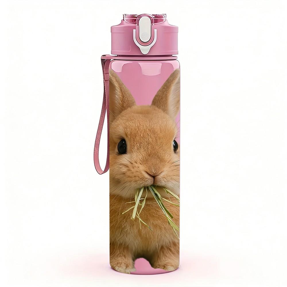 1PC Brown Rabbit Eating Grass Print 750ml Color Plastic Sports Water Bottle Leakproof Flip Straw Lid Suitable for Sports Office Home Use