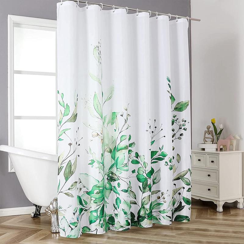 Emerald Green Eucalyptus Shower Curtain Fabric, Watercolor Plant Leaves with Floral Bathroom Shower Curtain Set with Hooks