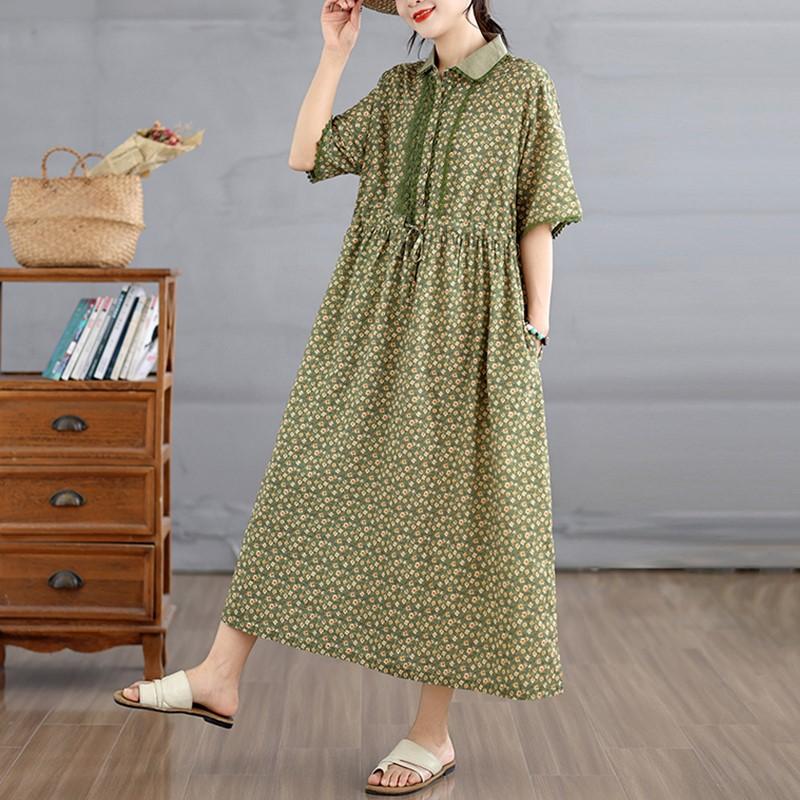 Krótki rękaw Plus size Bawełna Len vintage kwiatowy nowość sukienki dla kobiet casual luźna długa letnia sukienka