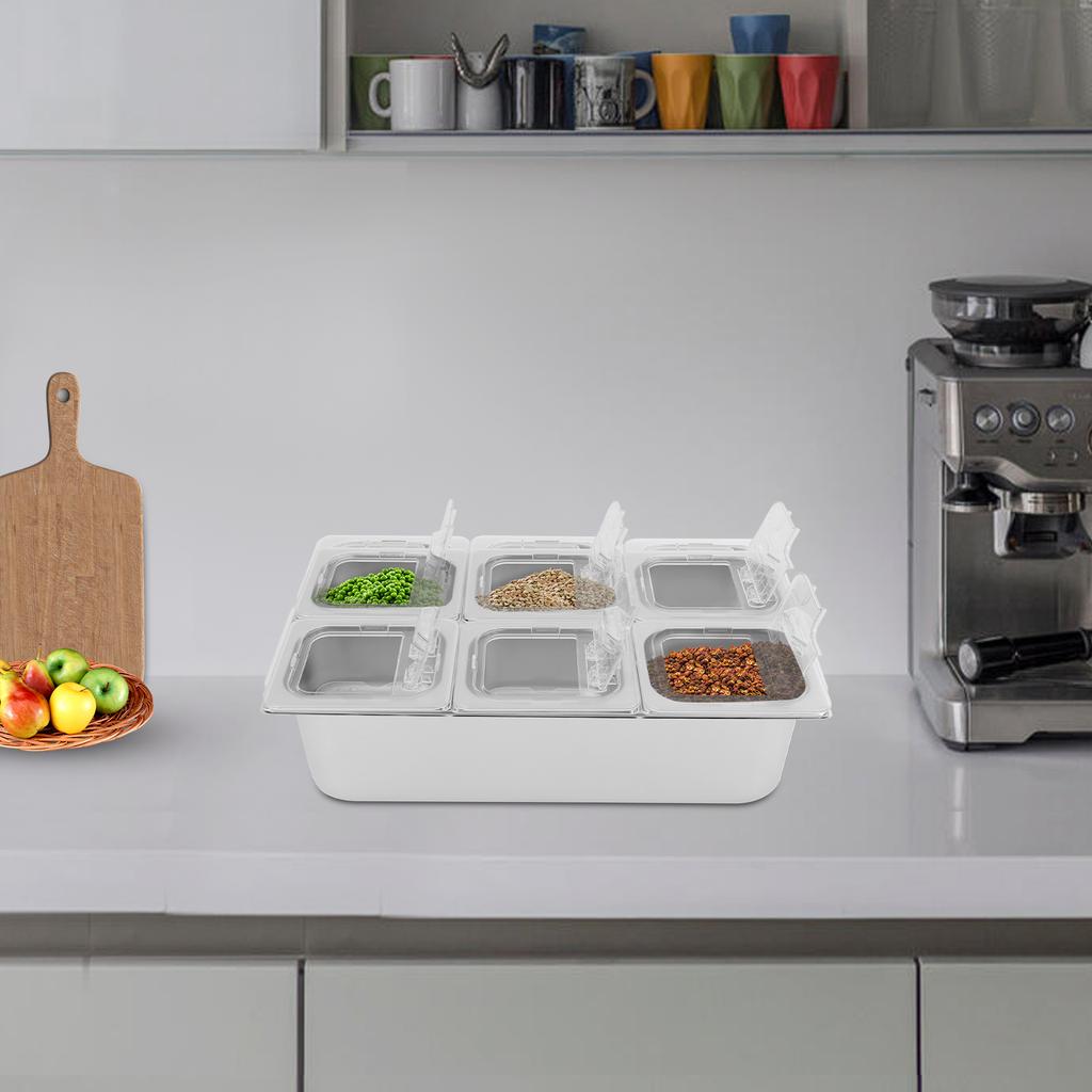 6-Compartment Fruit Storage Container with Cover, Drainage Inserts, 1.45L Individual Capacity, Silver Kitchen Organizer Tray