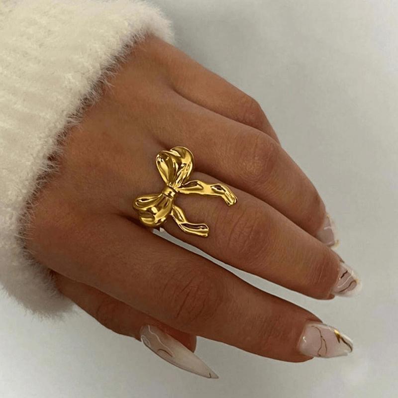 Vintage Stainless Steel Bow Ring Light Luxury Elegant Opening Finger Jewelry Ring For Women Wedding Gift