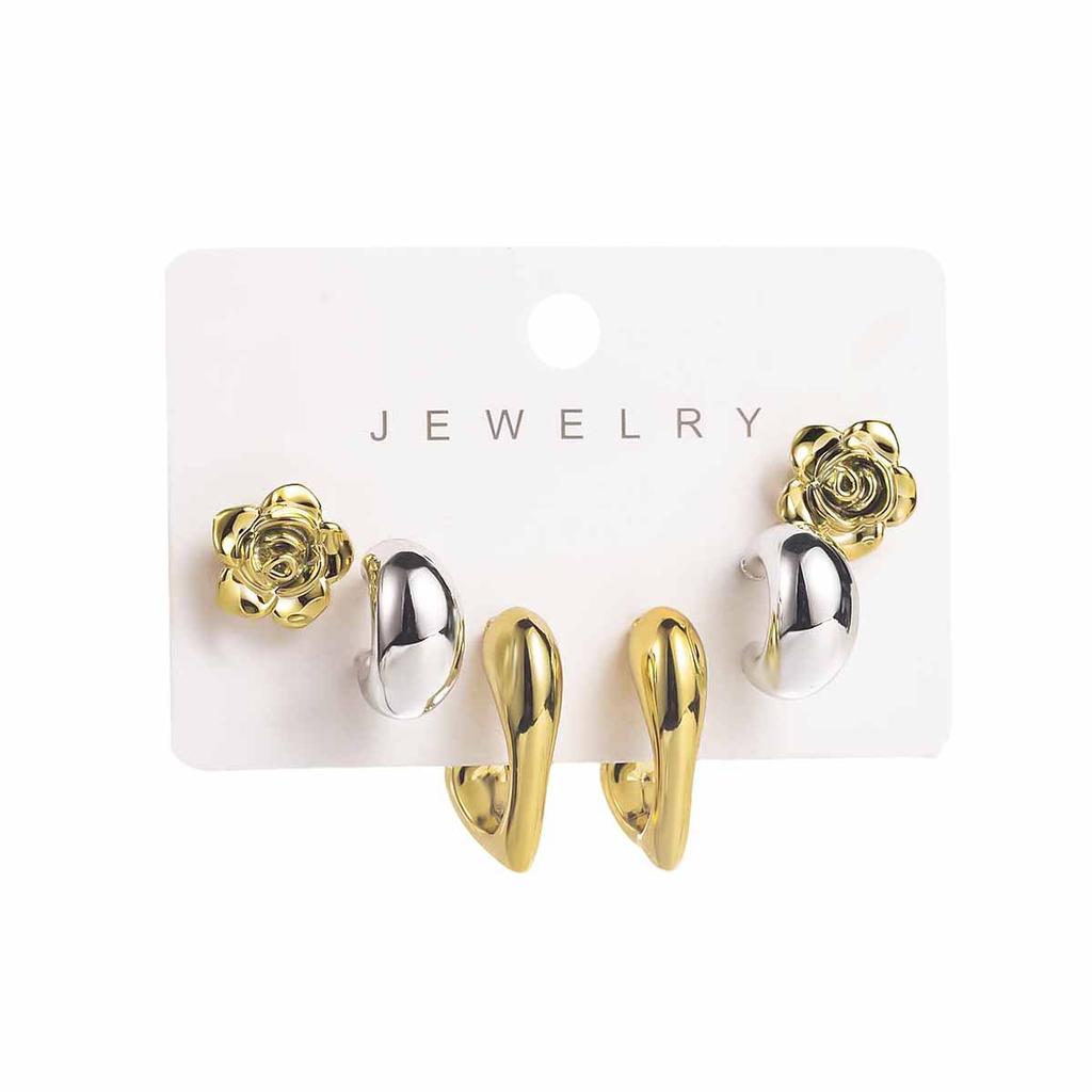 Women Fashion Two Tone Metal Multi Element Geometric Earrings Set C Shape Retro Luxury High Grade Ear Cuffs Studs Ear Jewelry