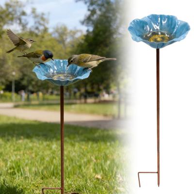 Metal Flower Yard Stake Handmade Bee Watering Station Ground Insert Bird Bath Feeder Butterfly Drinking Bowl Outdoor Decor for Garden Yard Lawn