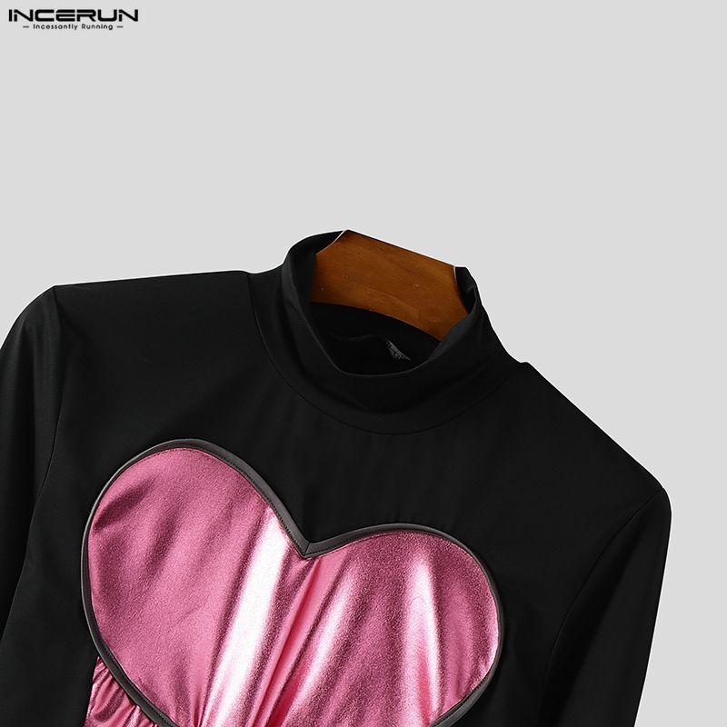 INCERUN Men Stand Neck Long Sleeve Bandage PU Patchwork Casual Cropped Tops T-shirts