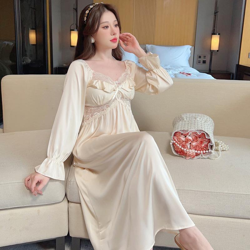 

Ice silk pajamas women s spring and summer sexy lace hollow long-sleeved pajamas can be worn outside large size fairy wind silkworm Weisi XL абрикосовий