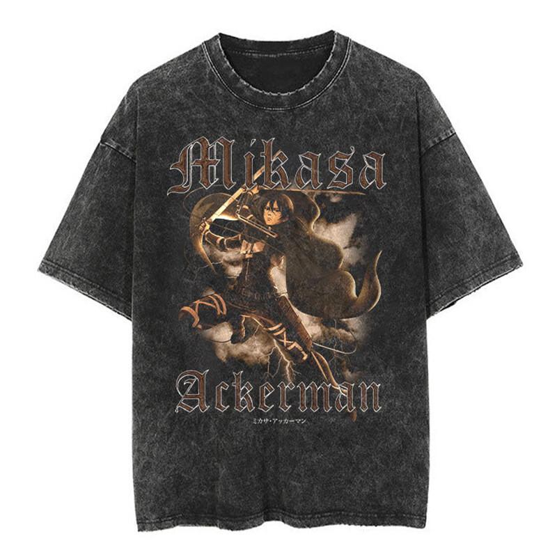 Acid Wash Vintage T-shirt Attack On Titan Tee Oversize Casual Short Sleeves #H S разноцветный