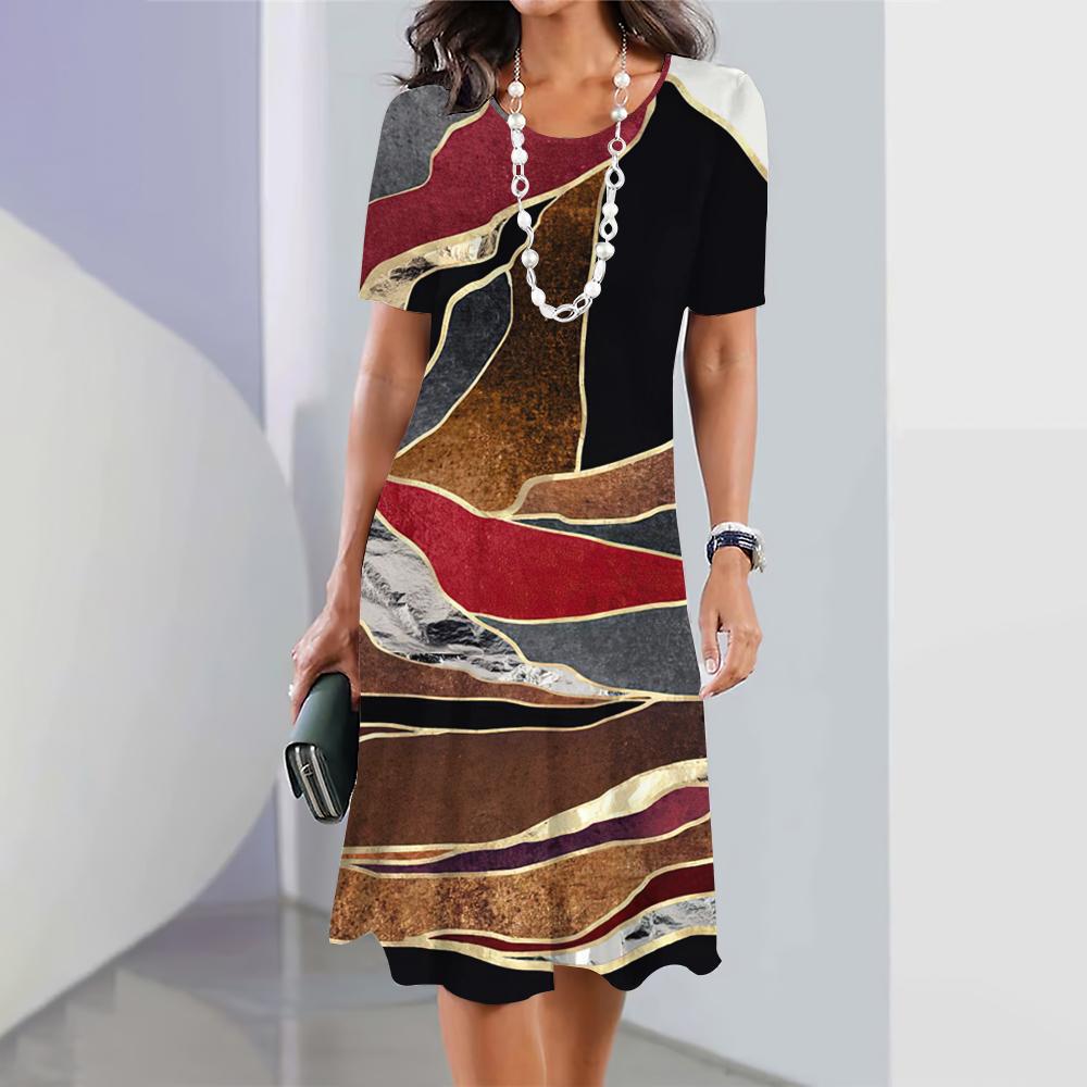 Women's Dresses Summer 2023 Elegant Dresses Fashion Stitching O Neck Loose Bohemian Skirts Vacation Female Short Graffiti Tops