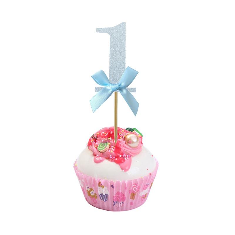 

10PCS Glitter Number 1 Cake Toppers With Bow For Parties, Anniversaries, Baby Showers, Silver Paper Birthday Cake Toppers