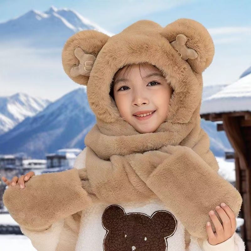 Bear girl winter plush hat scarf integrated thickened cute warm plush ear protectors hooded gloves three-piece set