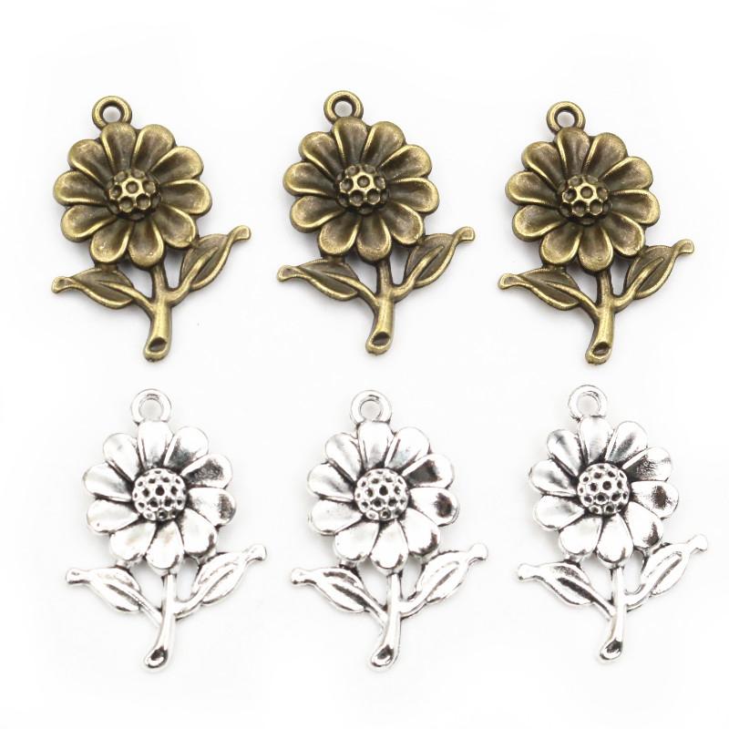 27x19mm 12pcs Antique Bronze Silver Plated Sunflower Handmade Charms Pendant:DIY for Bracelet Necklace