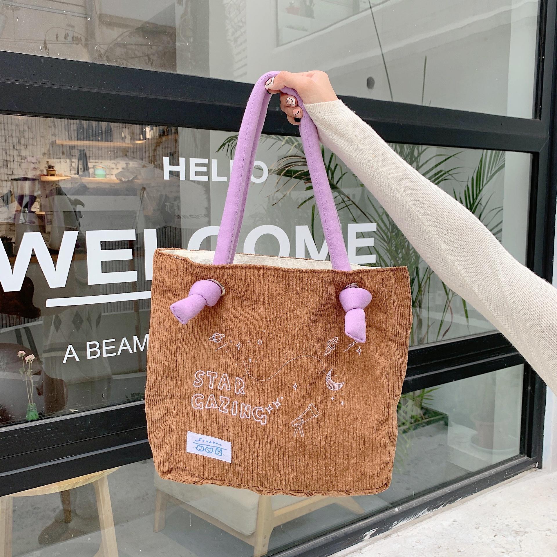 

Embroidery shoulder bag starry sky moon tote bag large capacity student class bag tide коричневий