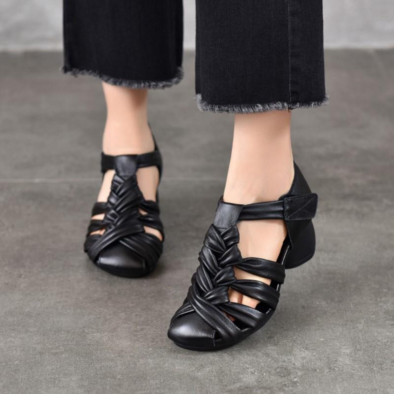 Johnature Genuine Leather Hand Woven Hollow-out Coarse Heel Sandals Retro Versatile High Heel Women's Shoes