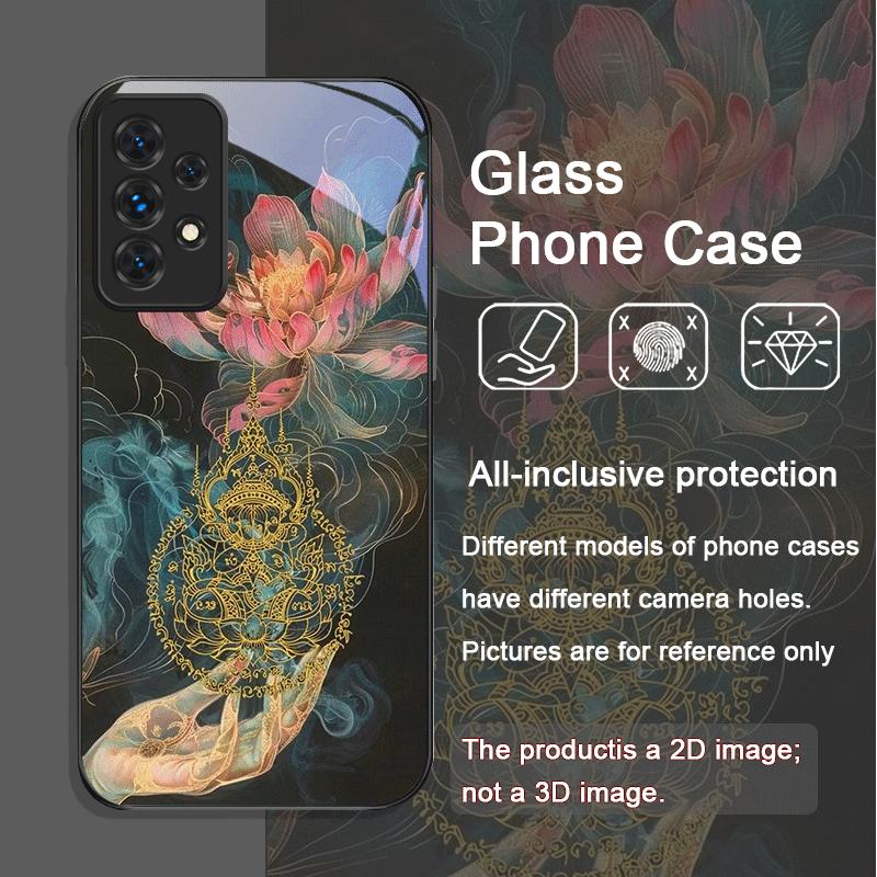 Luxus Blumendekor Lotusblumenmuster Gehärtetes Glas Handyhülle für Samsung Galaxy A56 A55 A54 A53 A52 A36 A14 A31 A51 5G Hülle