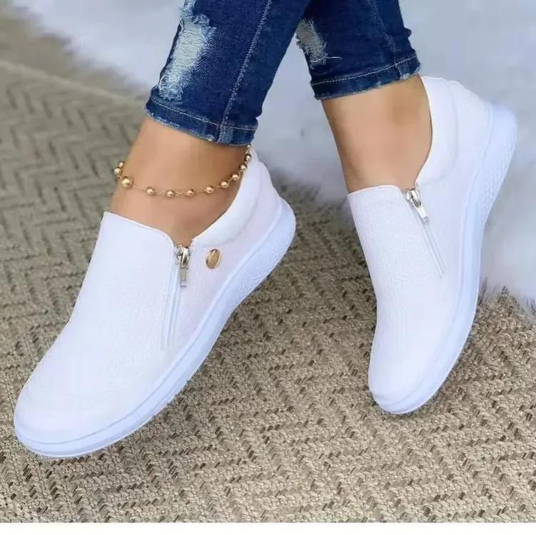 fashion Sneakers Women 2024 New Flat Shoes Slip-on Casual Sports Shoes Platform Sneakers Zipper Temperament Walking Shoes for Women
