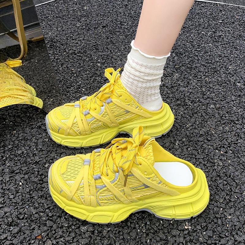 Fashion Baotou Shallow Lace-up Cool Drag Spring and Summer New Round Head Mesh Breathable Platform Casual Sports Shoes