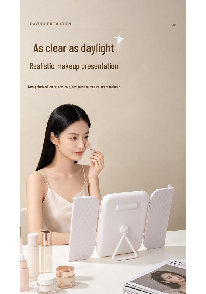 LED-Lit, Double-Sided, Triple-Fold Makeup Mirror with Rotating Desktop Stand and Three-Color Dimming for Girls