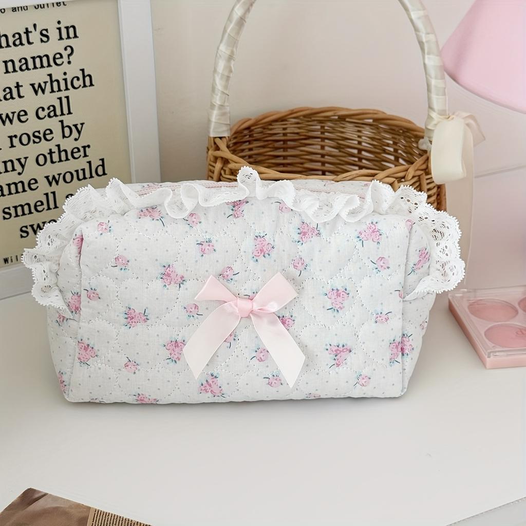 Sweet Floral Cosmetic Bag for Women - Pink Rose Design with Ruffled Edges & Ribbon Bow, Cute Makeup Bag, Playful Aesthetic
