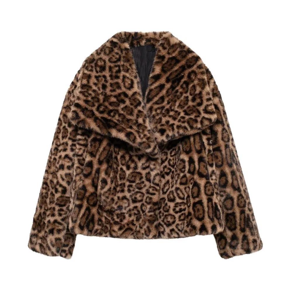 Women Winter Fashion Lazy Style Animal Print Faux Fur Warm Coat All-match Long Sleeve Lapel Coat Outerwear
