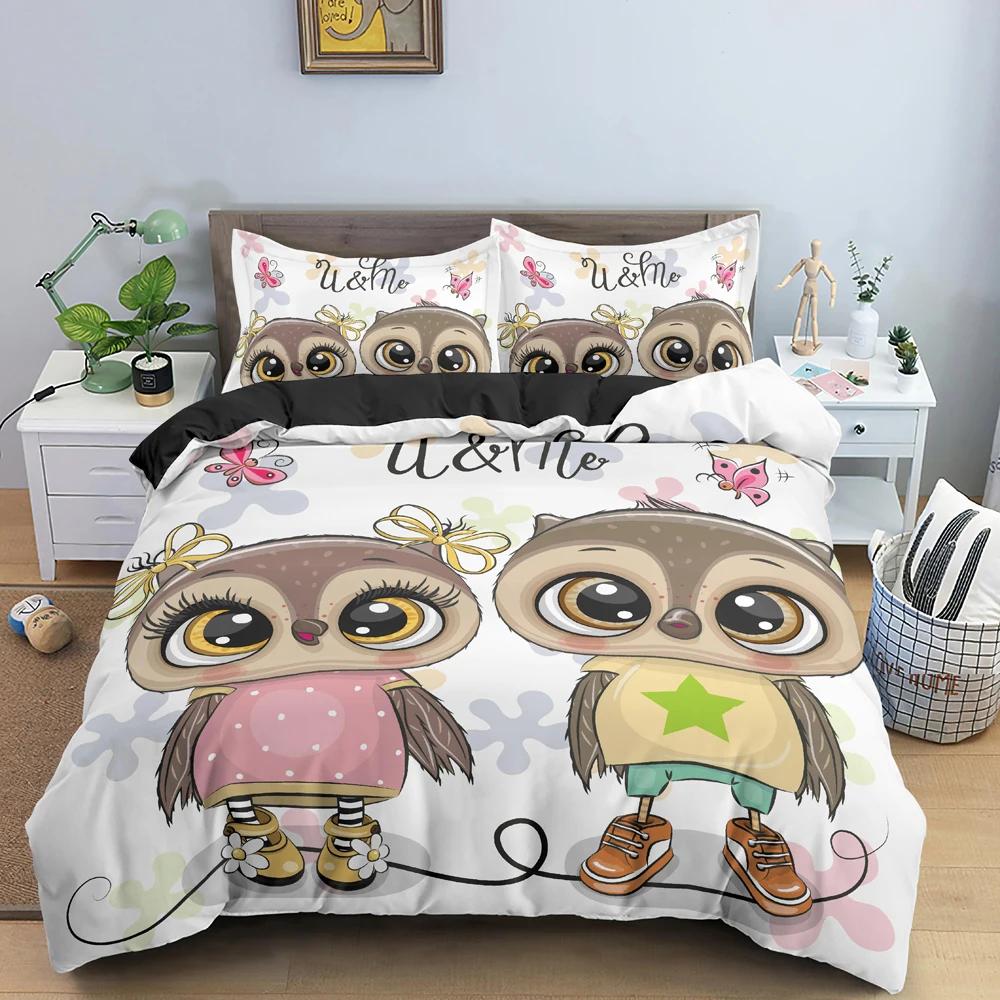Cartoon Owl Duvet Cover Cute Night Animal For Kids Boys Girls Gifts Owl And Koala Tribal Feather Style Green Bedroom Decorations