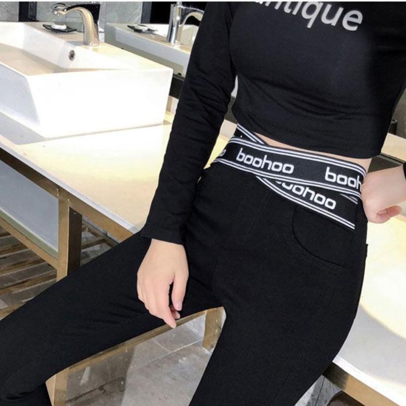 Leggings Cross Waist Stretch Outer Wear Thin High Waist Letter Magic Nine-Point Black Pants