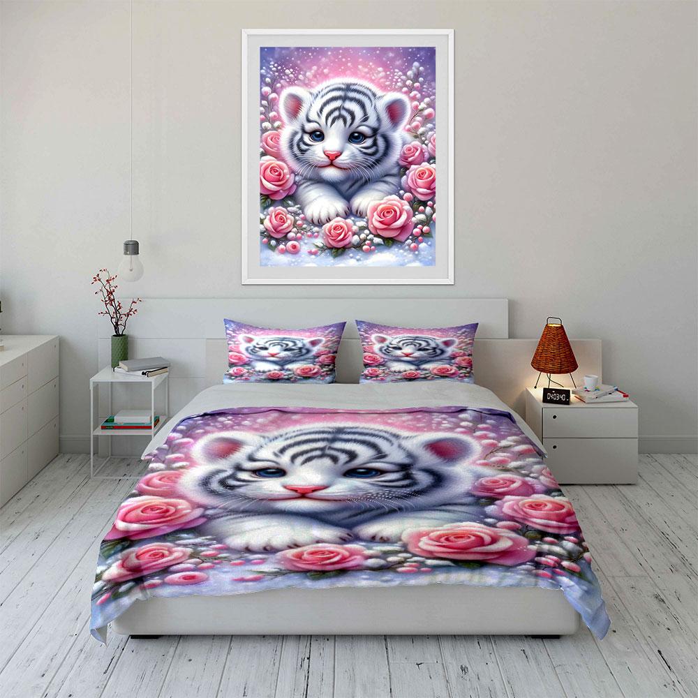 White tiger with roses. Bedding sets Duvet cover sets Duvet covers Pillowcases(1 * Duvet Cover 2 * Pillowcases without duvet insert)