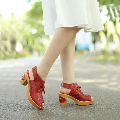 Genuine Leather Patchwork High Heels Retro Embossed Hand-painted Pumps Versatile Women's Shoes