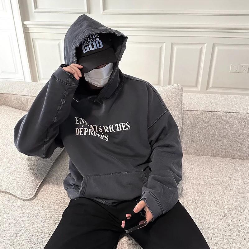 ERD Melancholy Blue Gradient Loose Washed Distressed American Style Hoodie