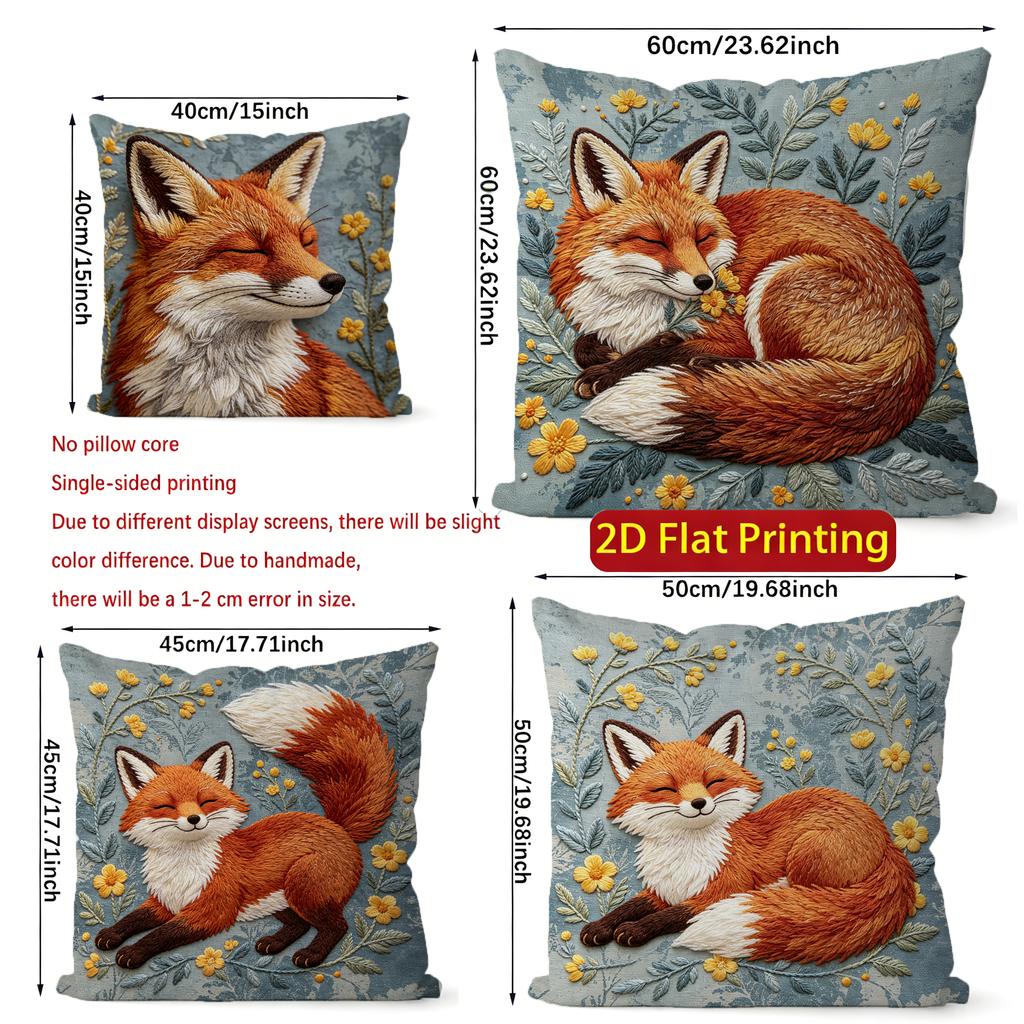 Cute Embroidery Style Fox Floral Throw Pillow Covers Pattern Cushion Cover Suitable for Sofa Bedroom Car Pillow Cover