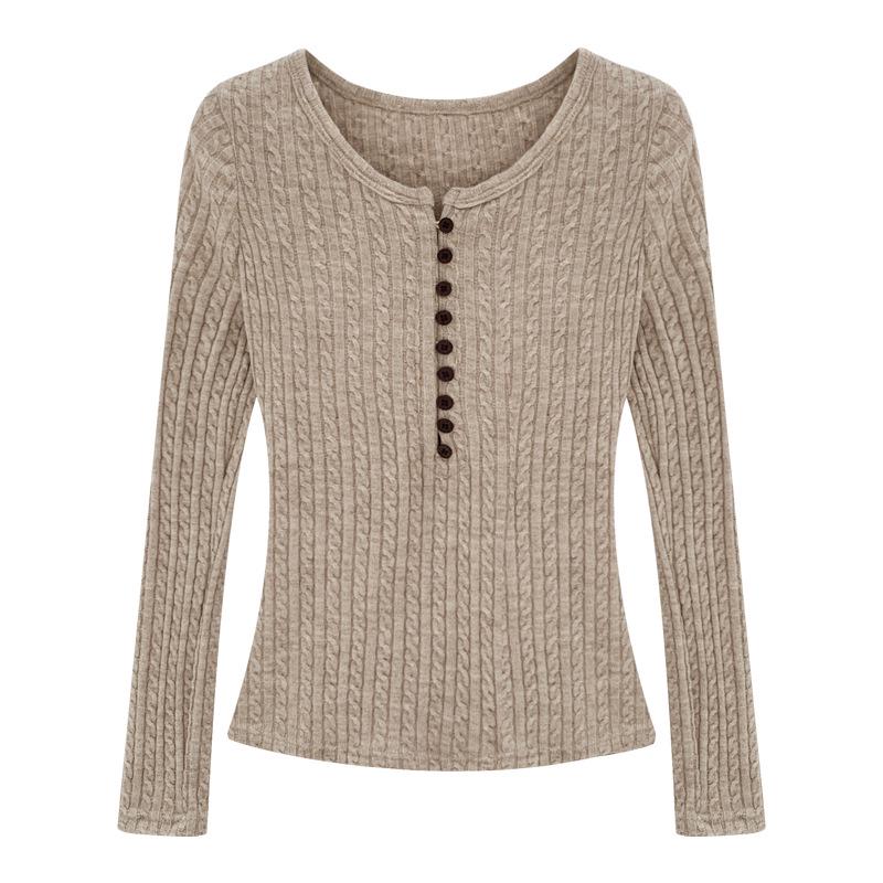 Henley Collar Cable Knit Slimming Base Layer Top for Women - Autumn/Winter Elegant Slim Fit Long Sleeve