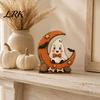 Cute Ghost Pumpkin Desktop Signs Halloween Retro Witch Cat Figurines with Crescent Base, Spooky Decorative Wood Crafts for Office Wooden Tabletop