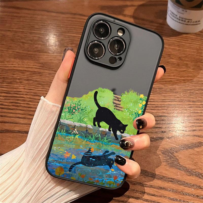 Black Cat Landscape Phone Case For iPhone 16 17 Pro Max 15 14 Pro Max Plus 13 12 Mini 11 Pro Max Cartoon Shockproof Back Covers